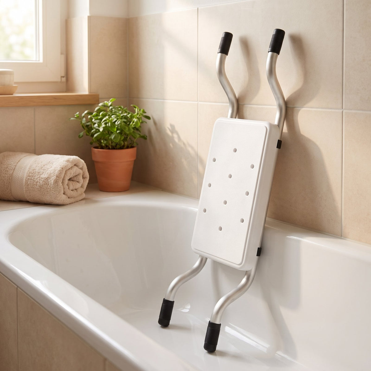 Riva Badewannensitz abnehmbar an die Badewanne angelehnt, platzsparend verstaut
