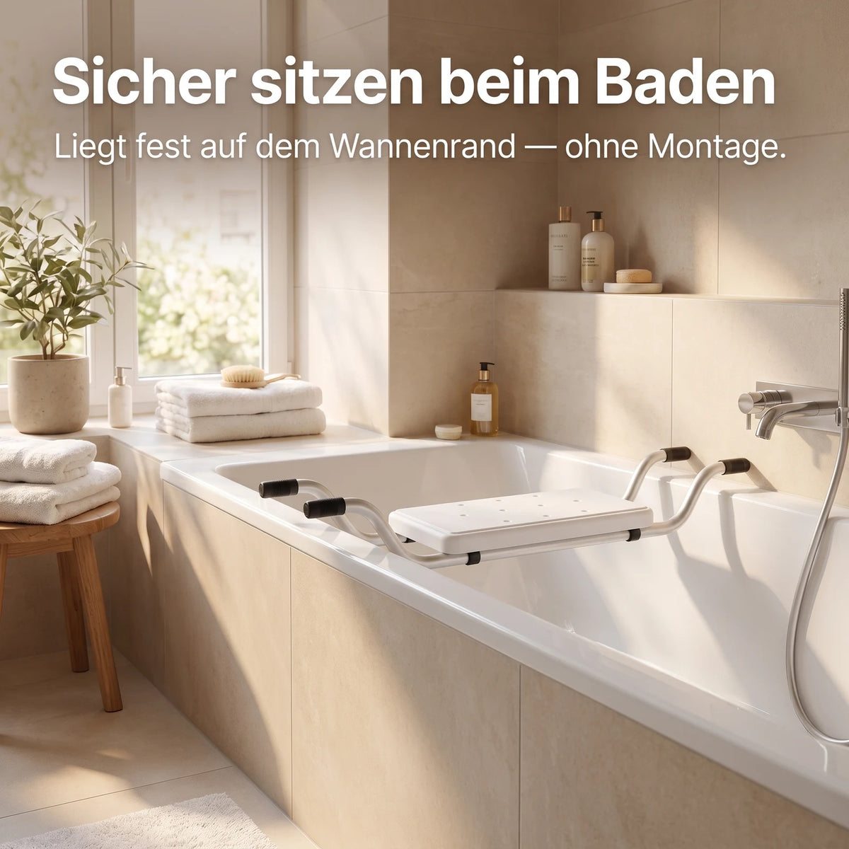 Riva Badewannensitz über der Badewanne in einem gemütlichen Badezimmer – sicher sitzen beim Baden