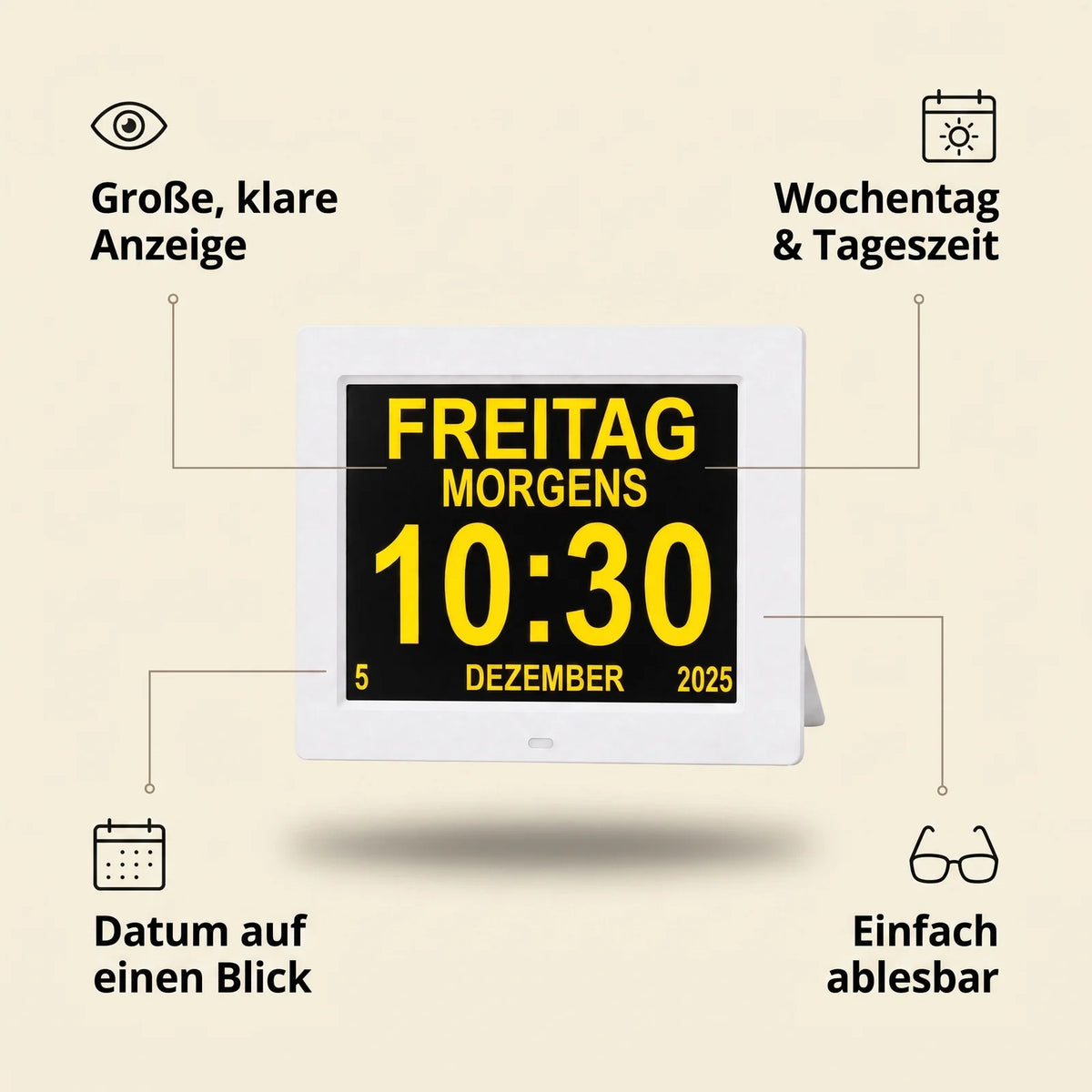 KLARA – Kalenderuhr für Senioren – Wochentag & Datum groß