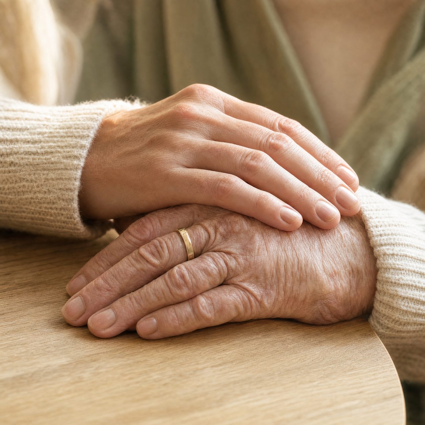 Jüngere Hand ruht fürsorglich auf der Hand einer älteren Frau