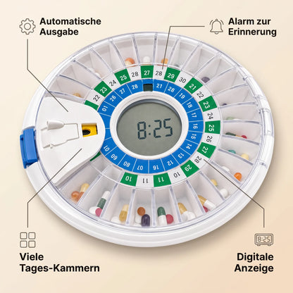 CURA – Automatischer Tablettenspender mit Alarm, 28 Fächer