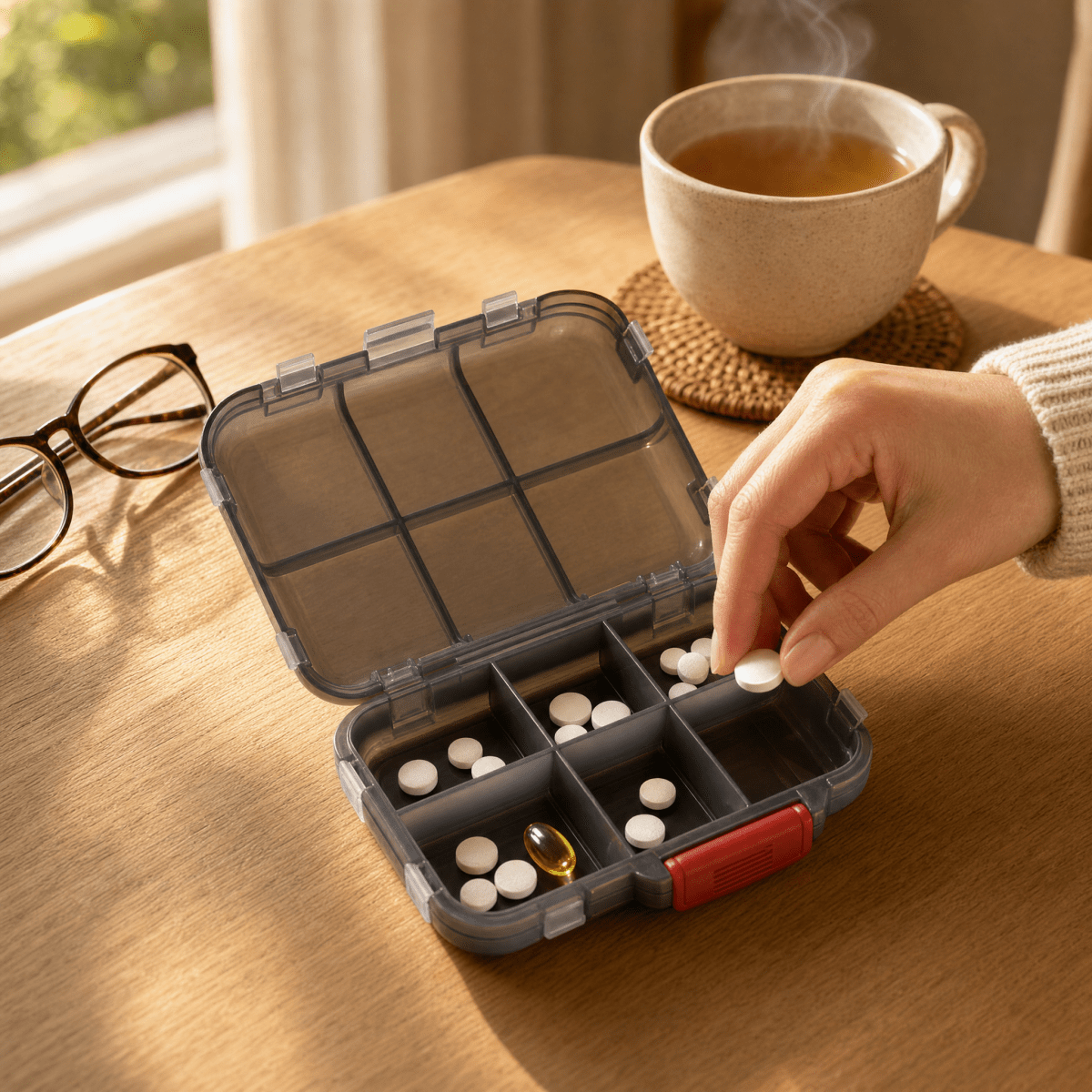 PILLBE Tablettenbox wird für die Woche befüllt
