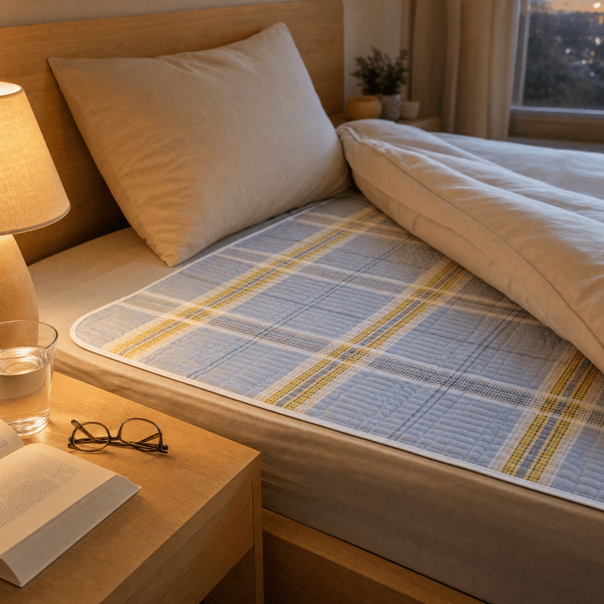 NEA Unterlage im gelben Karo-Design auf dem Bett am Abend