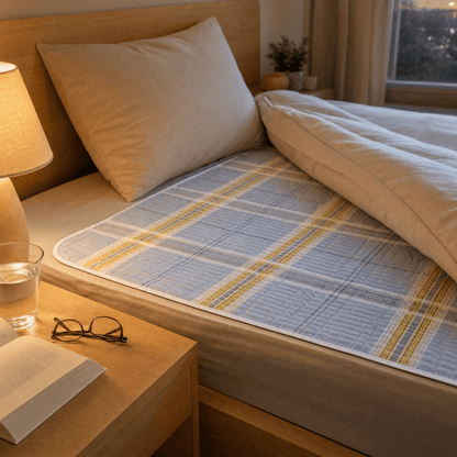 NEA Unterlage im gelben Karo-Design auf dem Bett am Abend