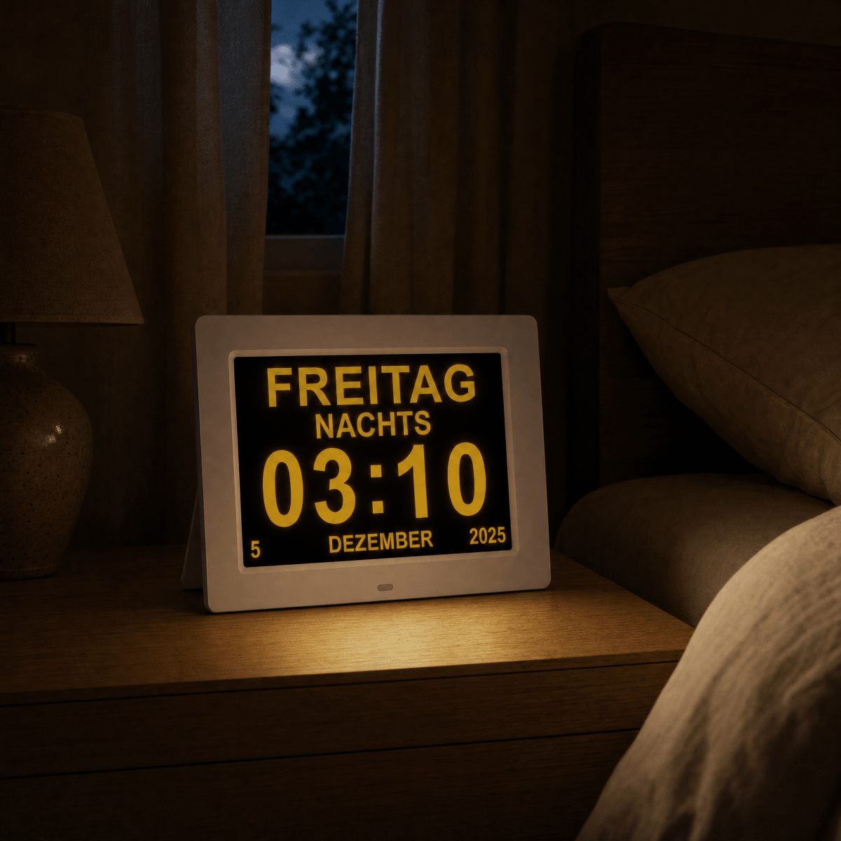 KLARA Kalenderuhr im gedimmten Nachtmodus