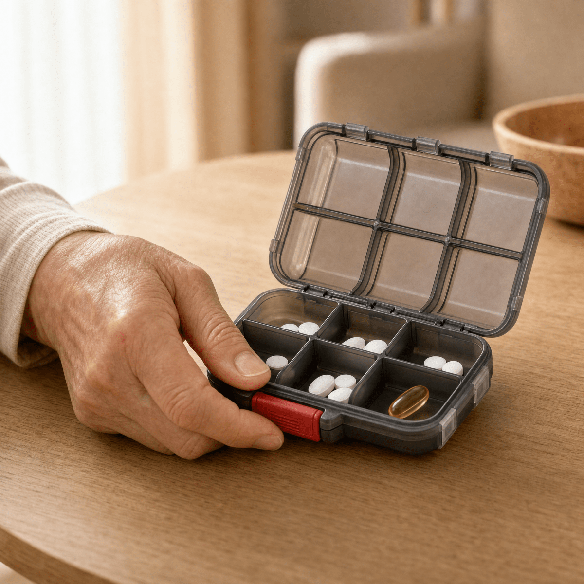 Einzelnes Fach der PILLBE Tablettenbox wird mit einem Klick geöffnet