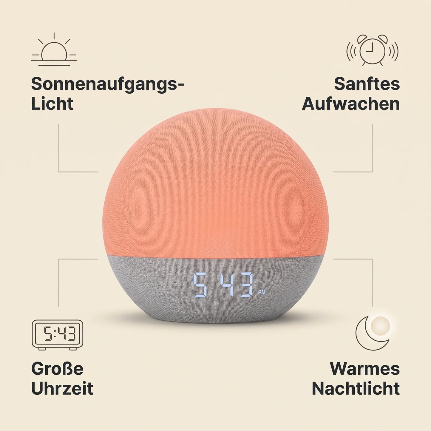ALBA Tageslichtwecker mit Sonnenaufgangs-Licht, sanftem Aufwachen, großer Uhrzeit und warmem Nachtlicht