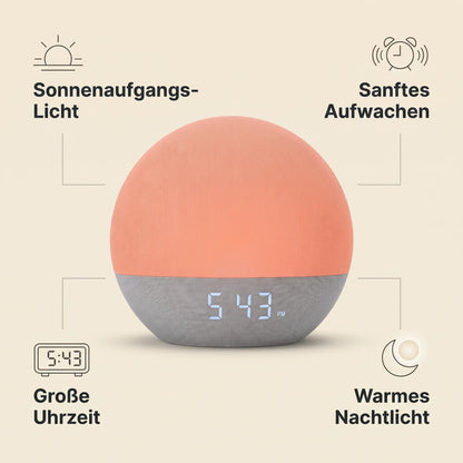 ALBA Tageslichtwecker mit Sonnenaufgangs-Licht, sanftem Aufwachen, großer Uhrzeit und warmem Nachtlicht