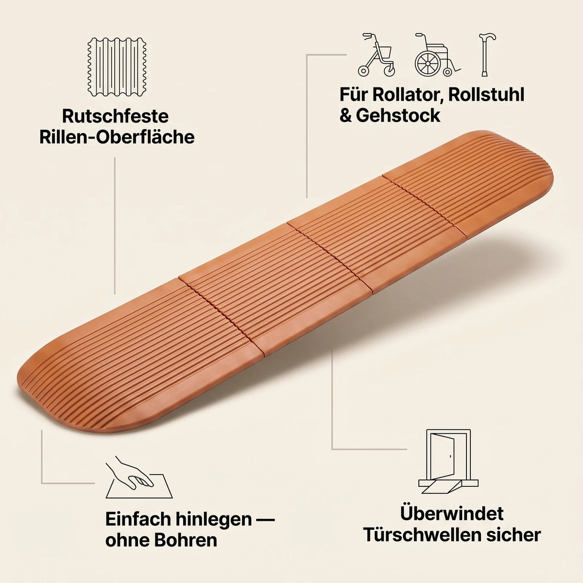 Viana Türschwellenrampe mit den wichtigsten Merkmalen: rutschfeste Rillen-Oberfläche, für Rollator, Rollstuhl und Gehstock, ohne Bohren